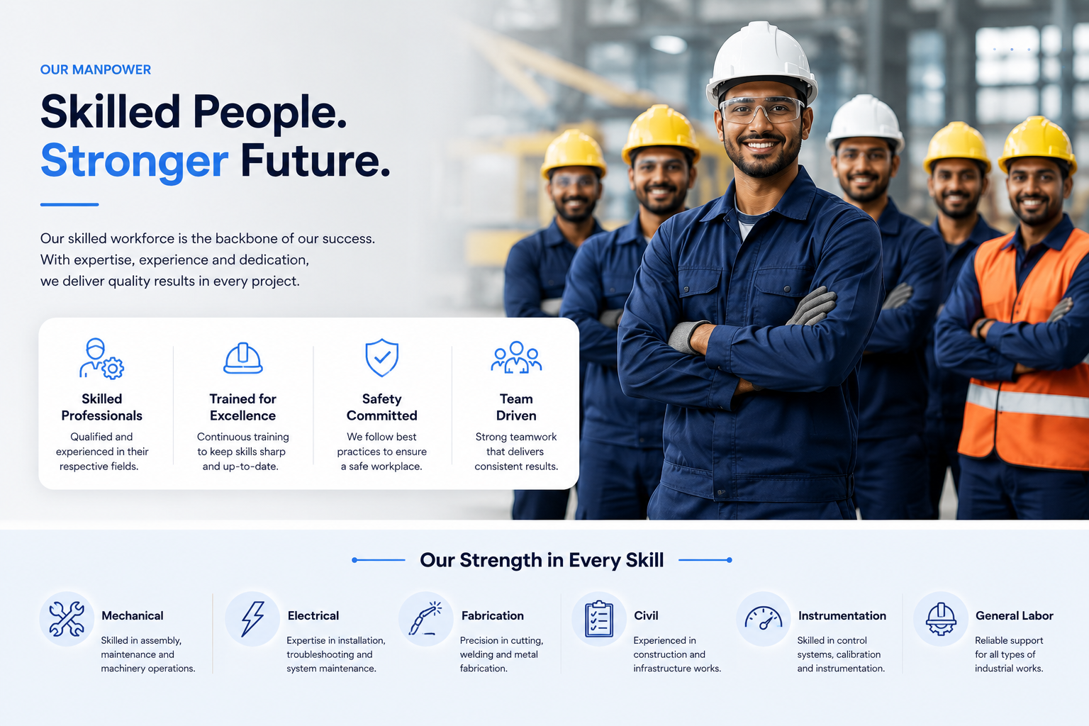 Skilled Bangladeshi construction workers — mechanical, electrical, fabrication teams